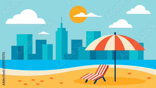 Beach scene with lounge chair and umbrella overlooking city skyline isolated on white background