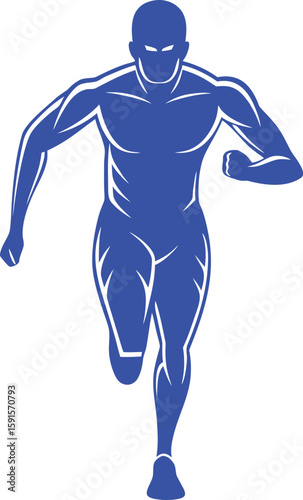 Blue athletic man running forward with muscular physique and white accents athlete