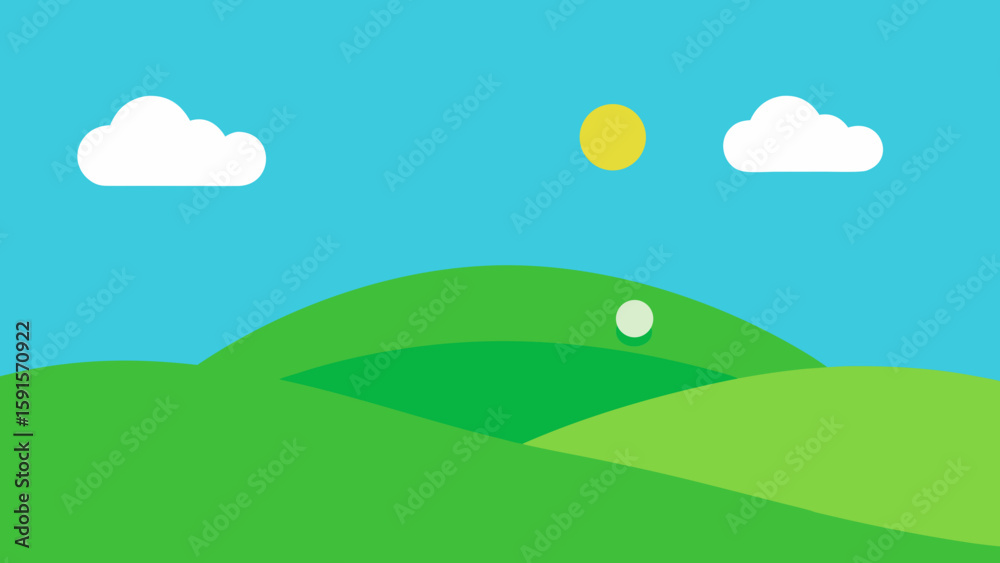 Fototapeta premium Stylized green hills under a blue sky with clouds and a yellow sun isolated on white background
