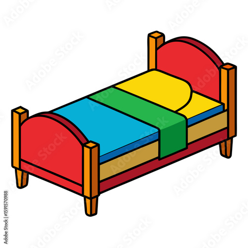 Colorful cartoon bed with red headboard and footboard and multi colored bedding isolated on white background