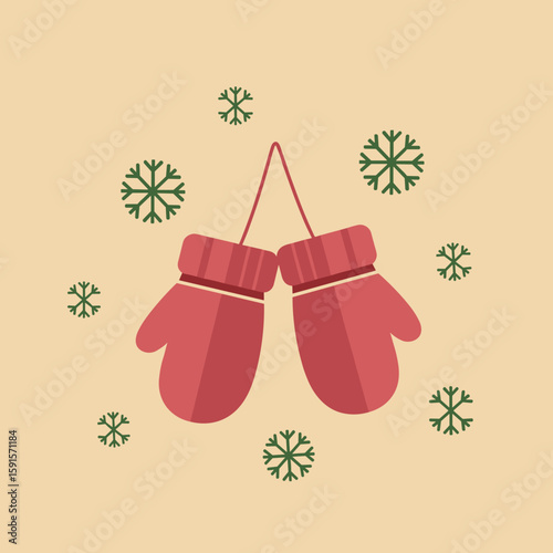 Red mittens hanging together with snowflakes on beige background  