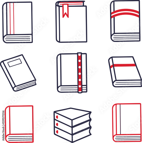 Collection of nine stylized books with dark blue and red outlines on white background