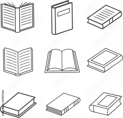 Collection of nine simple line art icons depicting books in various open and closed positions