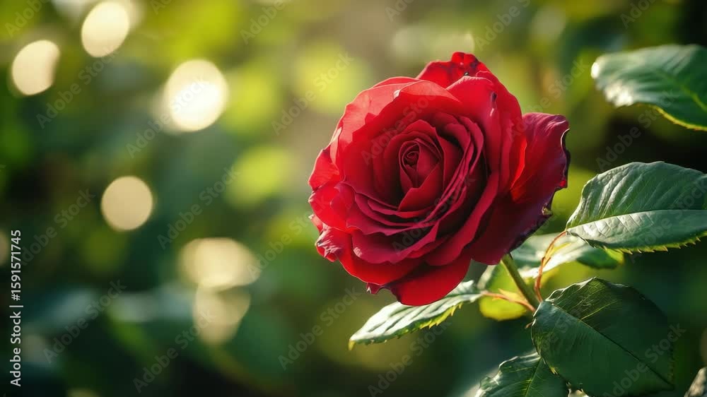 Red rose flower bloom with green leaf petals natural sunlight garden, close up showing vibrant color and delicate petals, peaceful nature scene with soft bokeh background creating romantic atmosphere Red rose flower bloom with green leaf petals natural sunlight garden, close up showing vibrant color and delicate petals, peaceful nature scene with soft bokeh background creating romantic atmosphere
