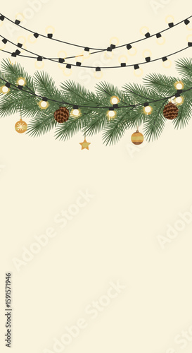 Christmas decorations with pine branches and lights on beige background  