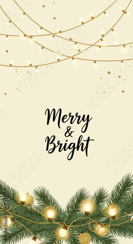 Merry and Bright holiday greeting card design with pine branches  