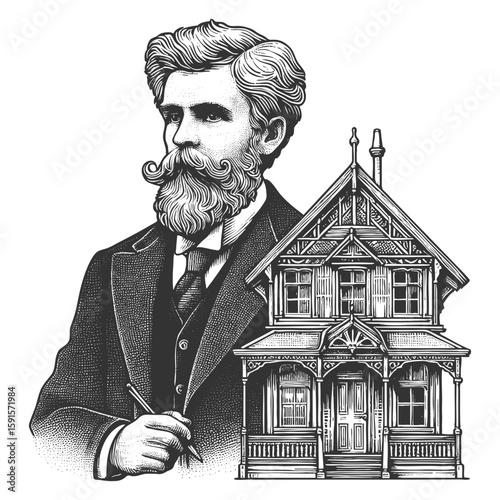 bearded architect holding a pencil next to a detailed Victorian-style house illustration sketch engraving generative ai fictional character vector illustration. Scratch board. Black and white image.
