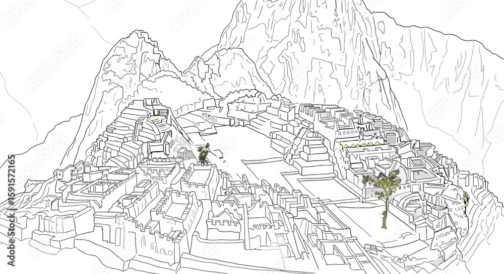 Naklejka premium Machu Picchu Peru Structure Adult Coloring Page Detailed Archaeological Site Art