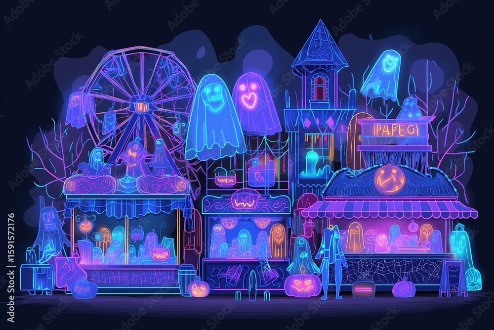 Obraz premium Colorful Halloween festival scene featuring illuminated attractions, ghostly figures, and festive decorations, creating a vibrant atmosphere of joy and spookiness for seasonal celebrations