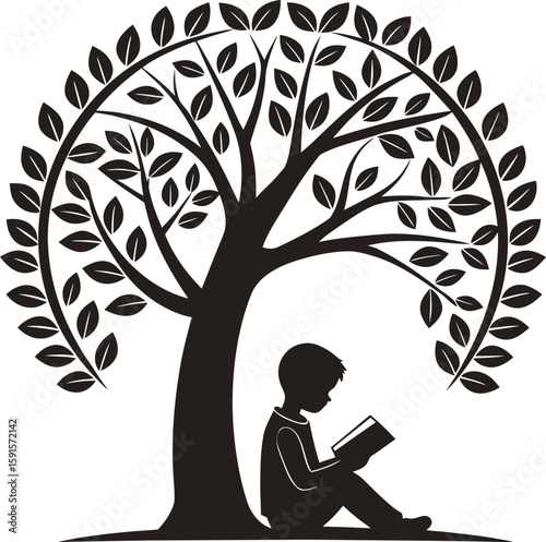 Silhouette of a boy reading a book under a leafy tree vector