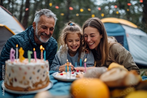 Multi-generational family celebrating a birthday outdoors at a campsite, during a caravan holiday trip, emphasizing the importance of family bonding and outdoor adventures, Generative AI