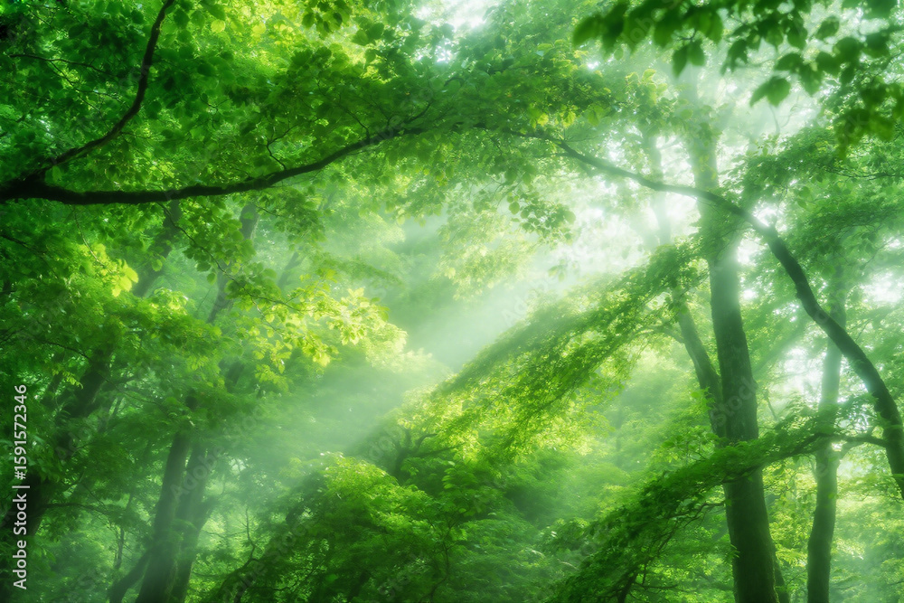 Fototapeta premium Lush Green Forest: Sunlight Through Canopy