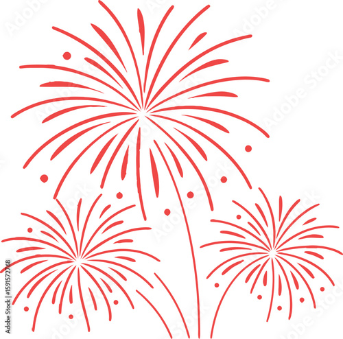 Three red fireworks exploding in a stylized graphic on a white background celebration