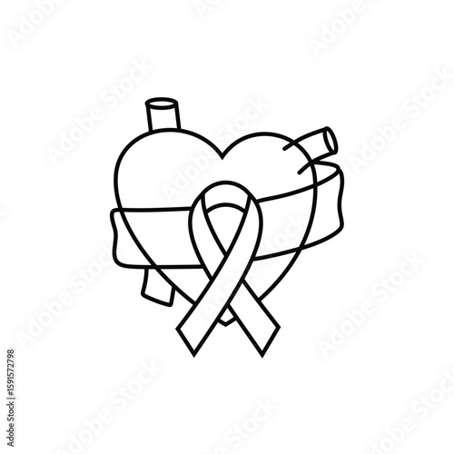 A simple line art illustration of a stylized heart with major blood vessels, encircled by an awareness ribbon.