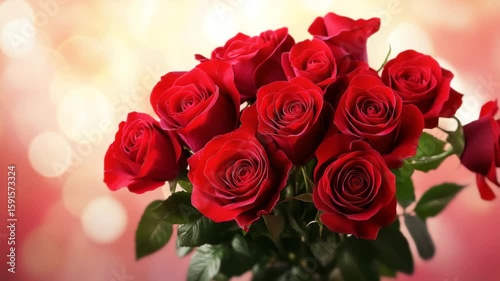 Red rose flower bouquet with green leaf floral bloom, romantic nature inspired arrangement symbolizing love and celebration in elegant soft bokeh background perfect for decoration