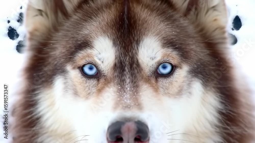Husky's piercing blue eyes in the snow