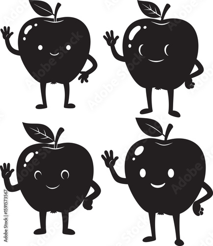 Four happy cartoon apple characters waving silhouette