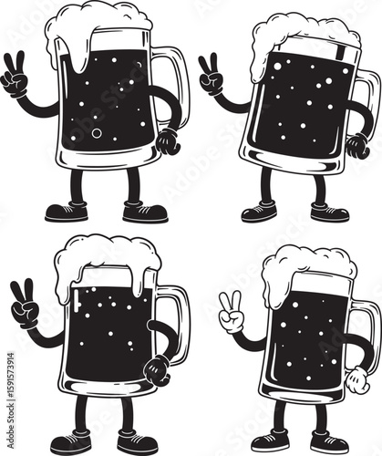 Four cartoon beer mugs with arms and legs silhouette