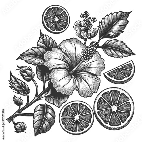 hibiscus flowers and leaves sketch engraving generative ai fictional character vector illustration. Scratch board imitation. Black and white image.
