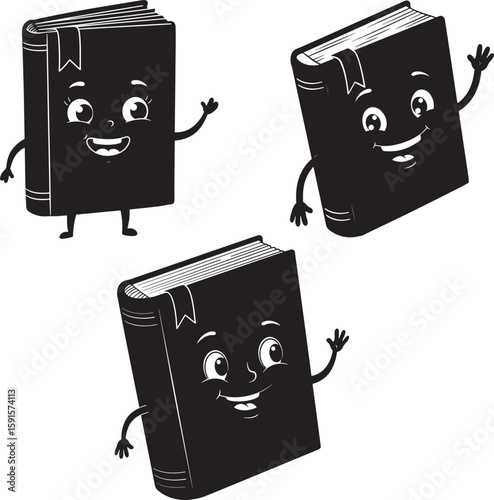Three happy cartoon book characters silhouette