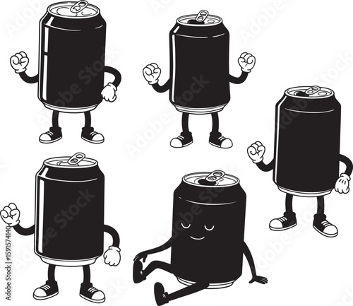 Five cartoon soda cans with arms and legs silhouette
