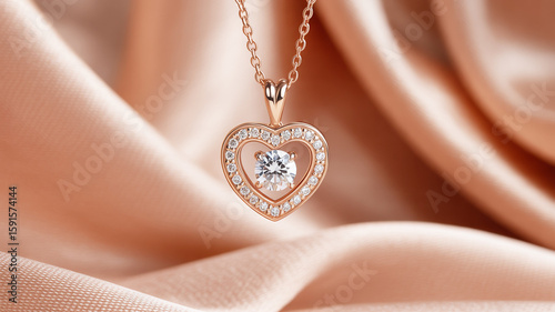 A close-up macro photograph of a rose gold heart-shaped pendant necklace with a diamond halo setting.