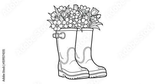 Rain Boots with Flowers Adult Coloring Page Cheerful Spring Season Design
