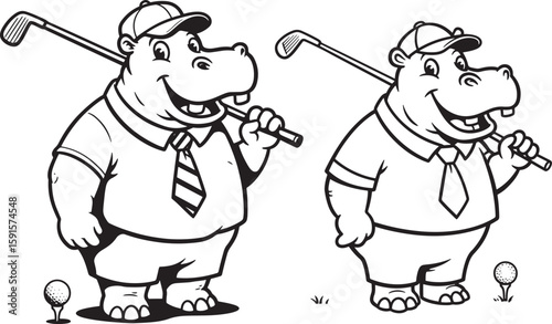 Two happy hippos playing golf with clubs silhouette