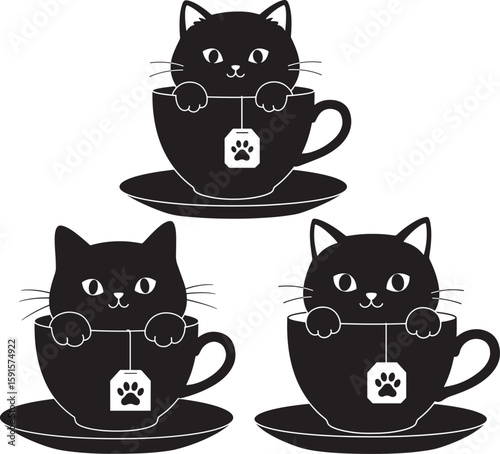 Three cute black cats peeking out of tea cups silhouette