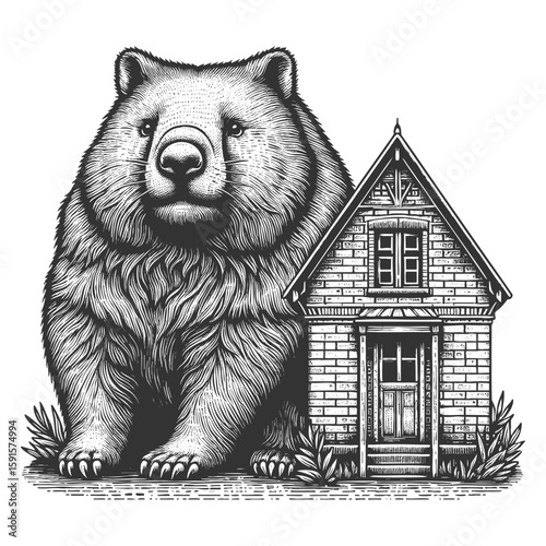 large wombat positioned behind a small brick house with wooden door sketch engraving generative ai fictional character vector illustration. Scratch board imitation. Black and white image.