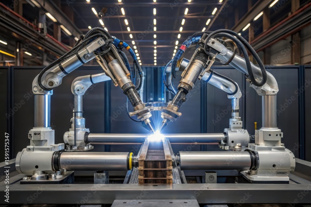Fototapeta premium Advanced Robotic Arm Welds Steel Pipe with Precision and Symmetrical Joints in Industrial Setting