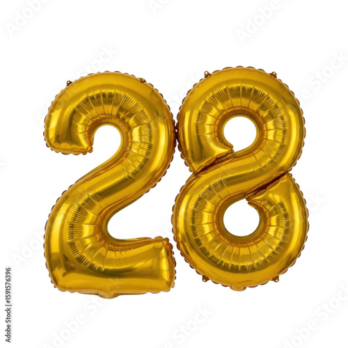 Golden number 28 foil balloons on transparent background