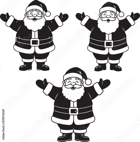 Three cheerful santa claus figures in silhouette