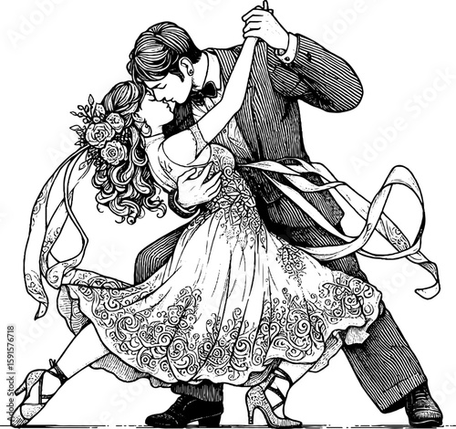 Slow dance romantic. Couple dancing elegantly in vintage attire with ribbons and flowers  
