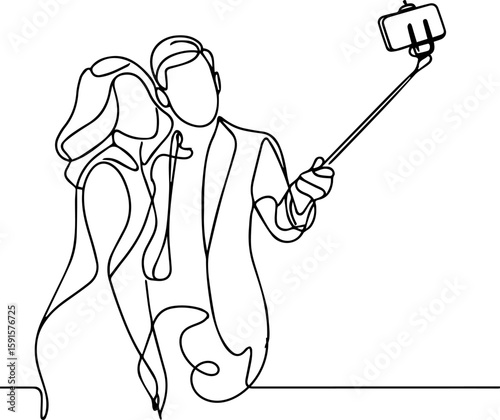 Selfie stick couple. Couple taking selfie with smartphone in minimal line art style  