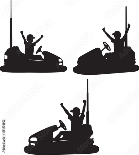Children enjoying bumper cars amusement park silhouette