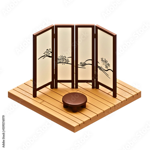 apanese folding screen.  Japanese screen with floral design on wooden platform, minimalist style, copy space
