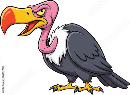 PrintAngry cartoon vulture with big yellow beak, detailed colorful illustration, aggressive funny bird, vector mascot art for design