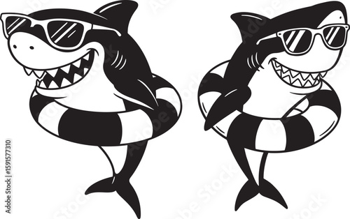 Two cartoon sharks wearing sunglasses and swim rings silhouette
