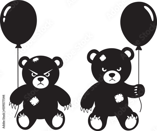 Two teddy bear silhouettes holding black balloons silhouette