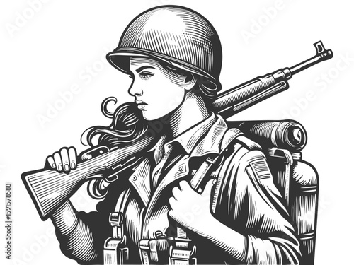 female soldier carrying a rifle on her shoulder, wearing a helmet and military gear sketch engraving generative ai fictional character vector illustration. Scratch board imitation. Black and white.