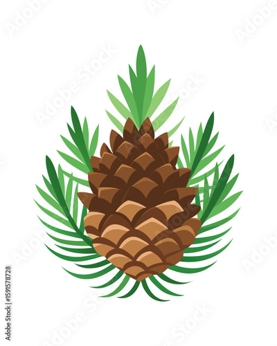 A stylized pine cone nestled among evergreen boughs creates a design suitable for holiday themes and nature-related projects.