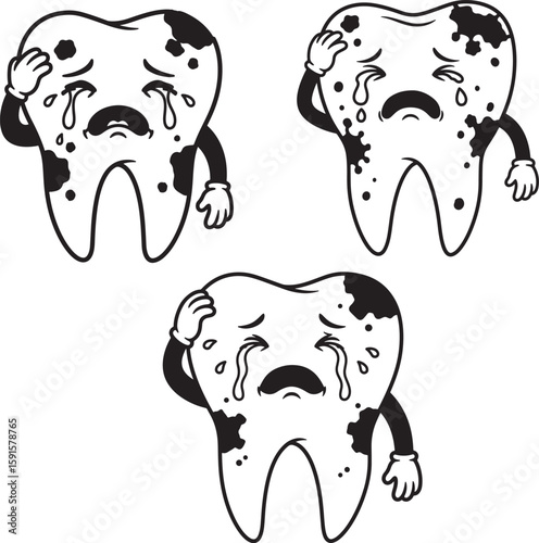 Three crying cartoon teeth with cavities and painful expression silhouette