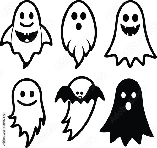 Cute cartoon vector set of funny Halloween ghost and monster characters, childrens, smiling, vector art, ghost character