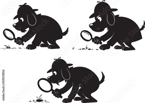 Detective dog investigating with magnifying glass silhouette