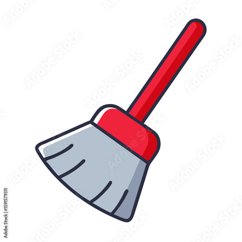 Cleaning broom with red handle and grey bristles for household use  
