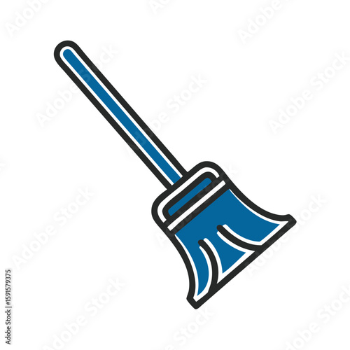 Blue broom for cleaning with a long handle and angled bristles  