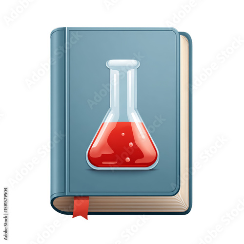 Chemistry book icon with flask illustration. Isolated white background. Png format