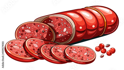 Sliced salami with visible peppercorns and fat specks lies on crisp white surface. The meat’s texture and red tones create rich contrast, ideal for deli-style vector with classic charm.

