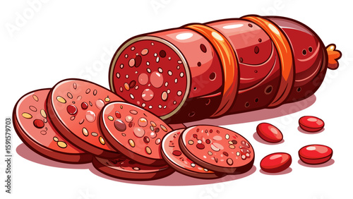 Sliced salami with visible peppercorns and fat specks lies on crisp white surface. The meat’s texture and red tones create rich contrast, ideal for deli-style vector with classic charm.

